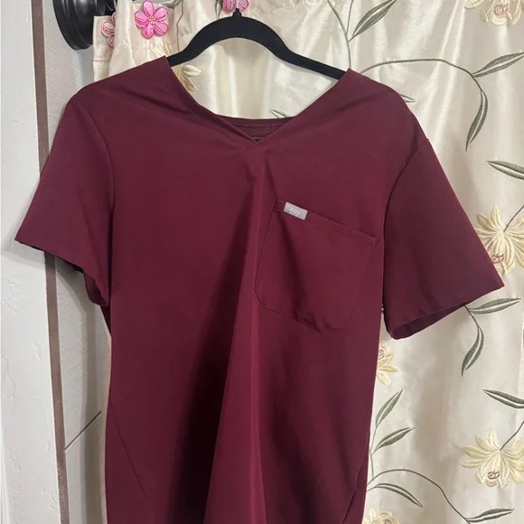 Figs Maroon V-Neck Tee with Pocket - Picture 1 of 4